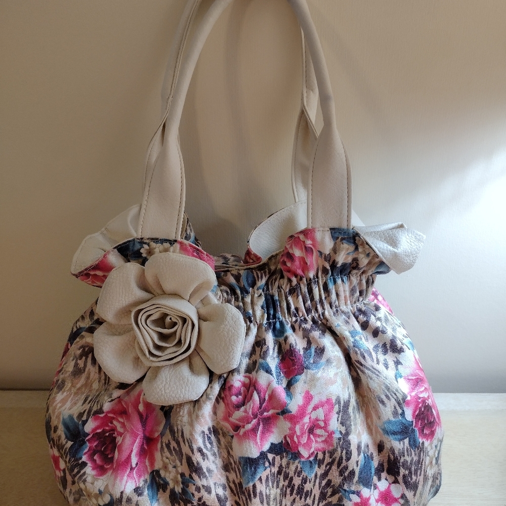 Bueno Flirty Peony Cheetah Flower Applique Pebbled Faux Leather Satchel